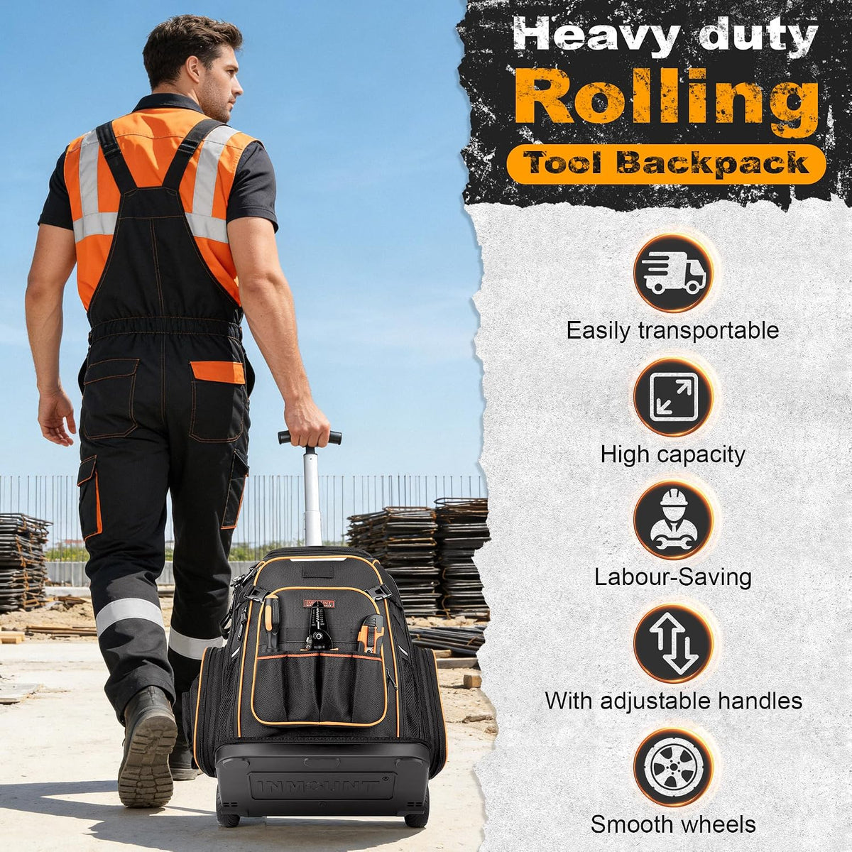 Rolling Tool Backpack Bag with Wheels, Heavy Duty Tool Bag on Wheels for Men, HVAC Electrician Plumber Large Tool Organizer with Molded Base, Combination Lock & USB Port for Construction Jobsite