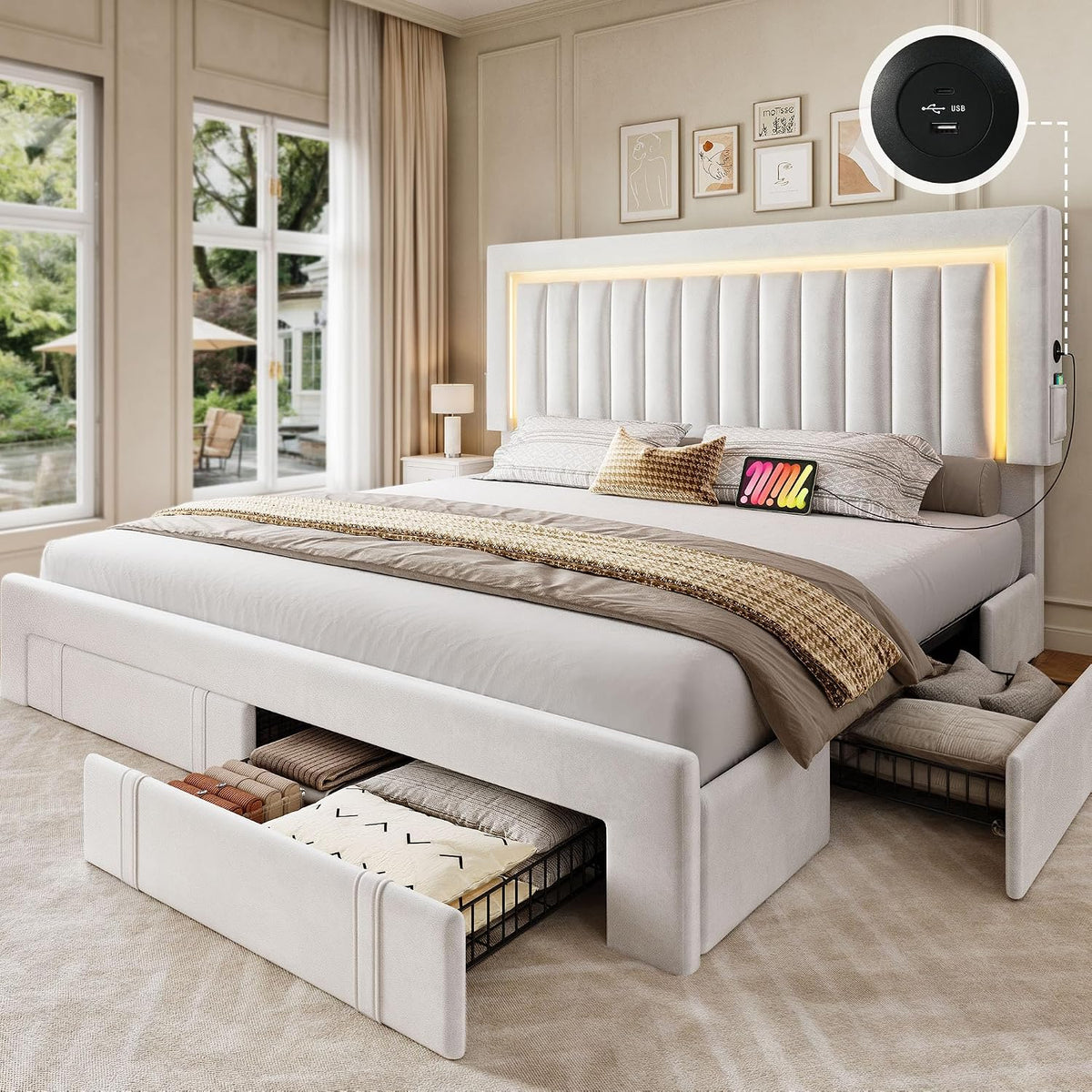YITAHOME Queen Size Bed Frame with Adjustable Headboard, 4 Storage Drawers and RGB LED Lights, Velvet Upholstered Platform Bed with USB Ports, No Box Spring Needed, Fast Assembly, Noise-Free, White