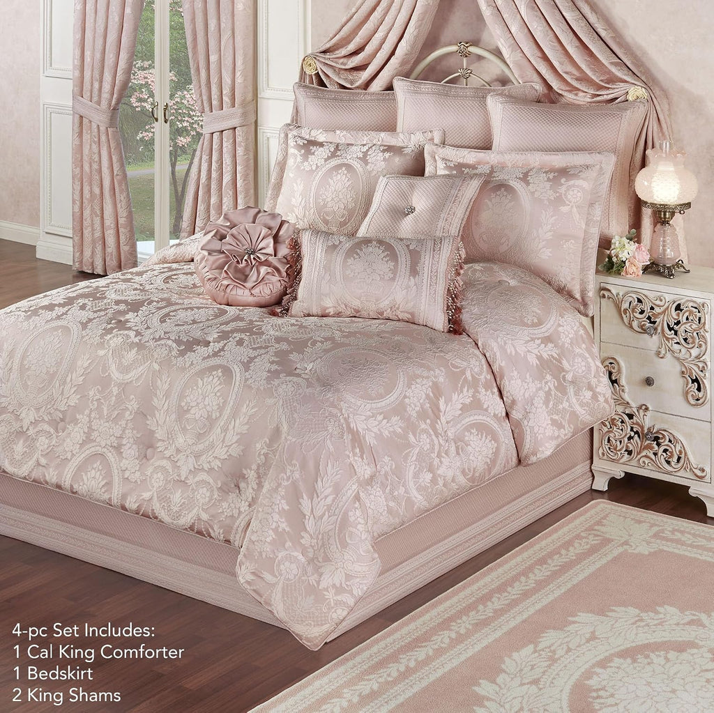 Marquessa Luxury Bedding | Soft Pearl and Pastel Blush Pink | Puff Jacquard-Woven Traditional Floral Bouquet and Swag Motifs | 4 Piece Set includes Cal King Comforter, Bedskirt, and 2 King Shams