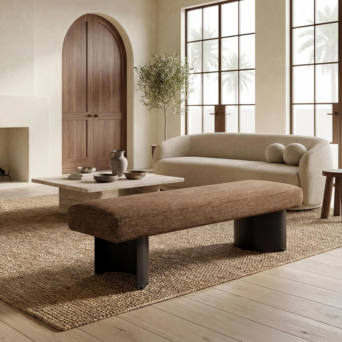 SAFAVIEH Couture Collection – Raelee Dark Brown Upholstered Bench, Black Metal Legs Accent Bench (SFV4844D)
