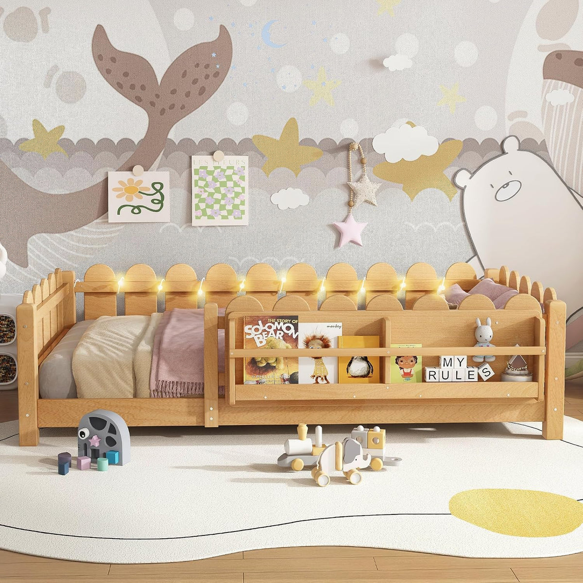 Bellemave Twin Floor Bed with Rails and Slats, Twin Size Montessori Floor Bed with Bookshelf, Fence and Lights, Low Profile Montessori Beds Frame for Girls, Boys, Light Natural
