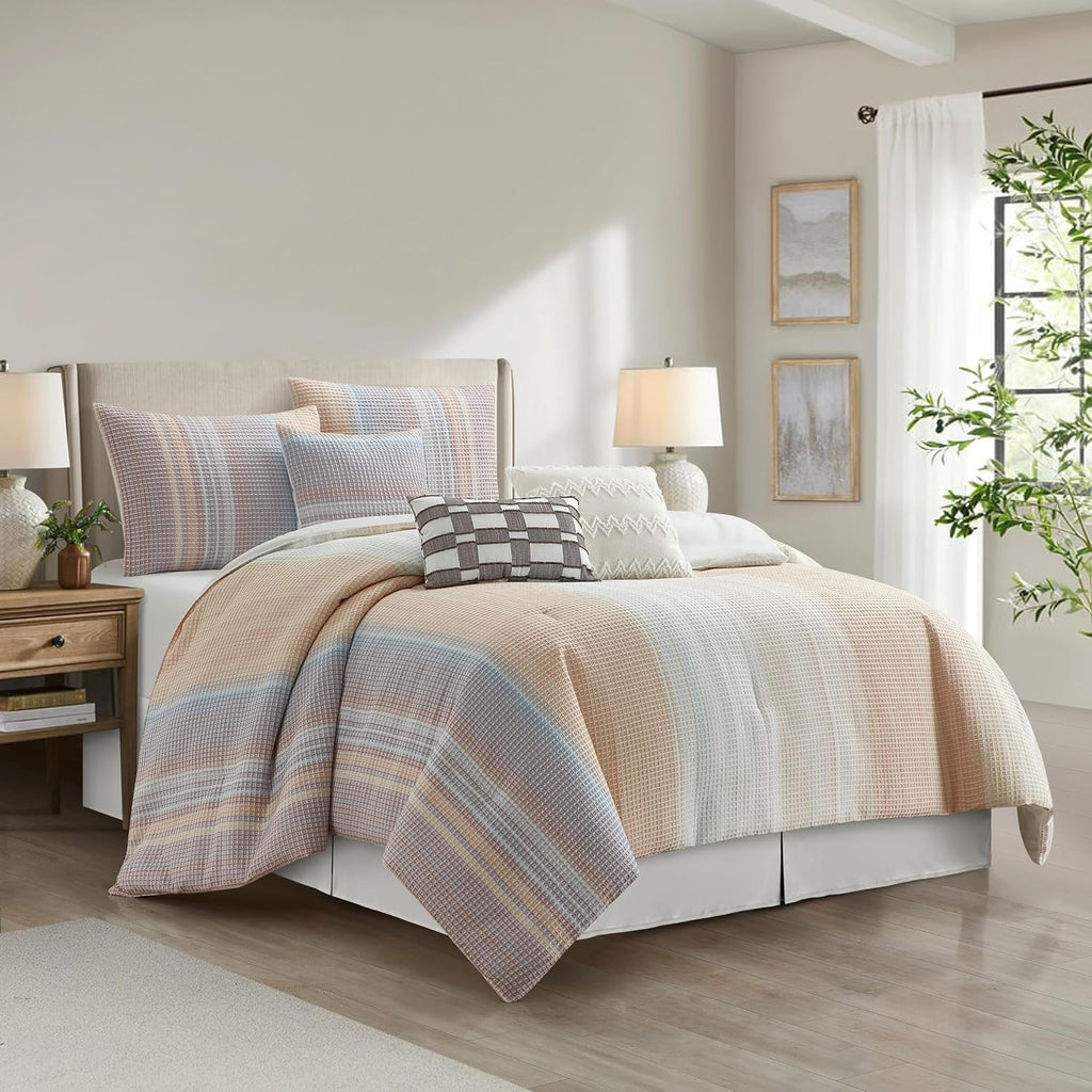 Grand Avenue Pink Waffle Jacquard Comforter Set California King Size, 7 Piece Striped Bedding Set, All Season Home Decor, Matching Pillow Shams, Bedskirt, Decorative Pillows