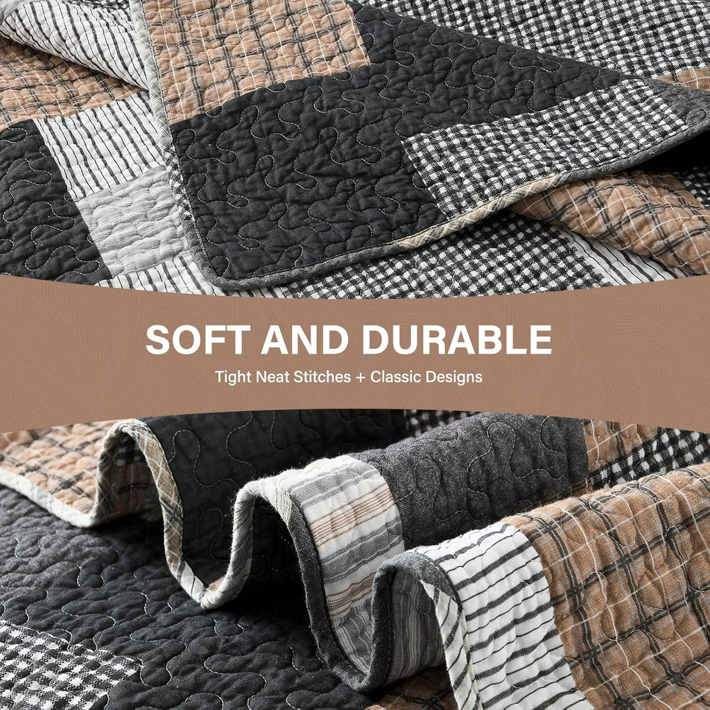 SahSahCasa Quilt King Size, King Quilt Set, 100% Cotton King Quilt Bedding Set Bedspread, Farmhouse Patchwork Quilt, Plaid Reversible Lightweight Rustic Comforter, Grey Black Brown White, 3 Pieces