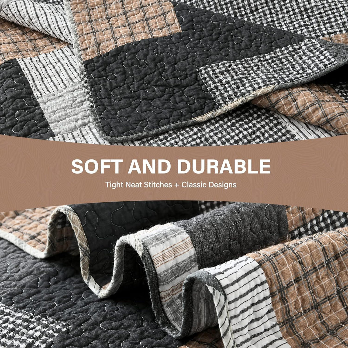 SahSahCasa Quilt King Size, King Quilt Set, 100% Cotton King Quilt Bedding Set Bedspread, Farmhouse Patchwork Quilt, Plaid Reversible Lightweight Rustic Comforter, Grey Black Brown White, 3 Pieces