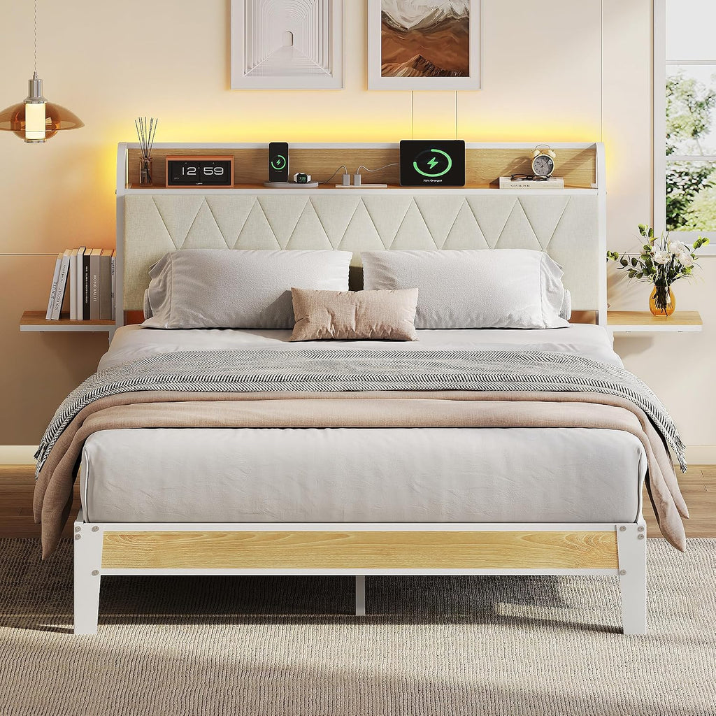 WLIVE Queen Bed Frame with Headboard, Upholstered Bed Frame with 2 Storage Shelves, Platform Bed with LED Lights and Charging Station, 1500LBS Mattress Foundation, No Box Spring Needed, Beige