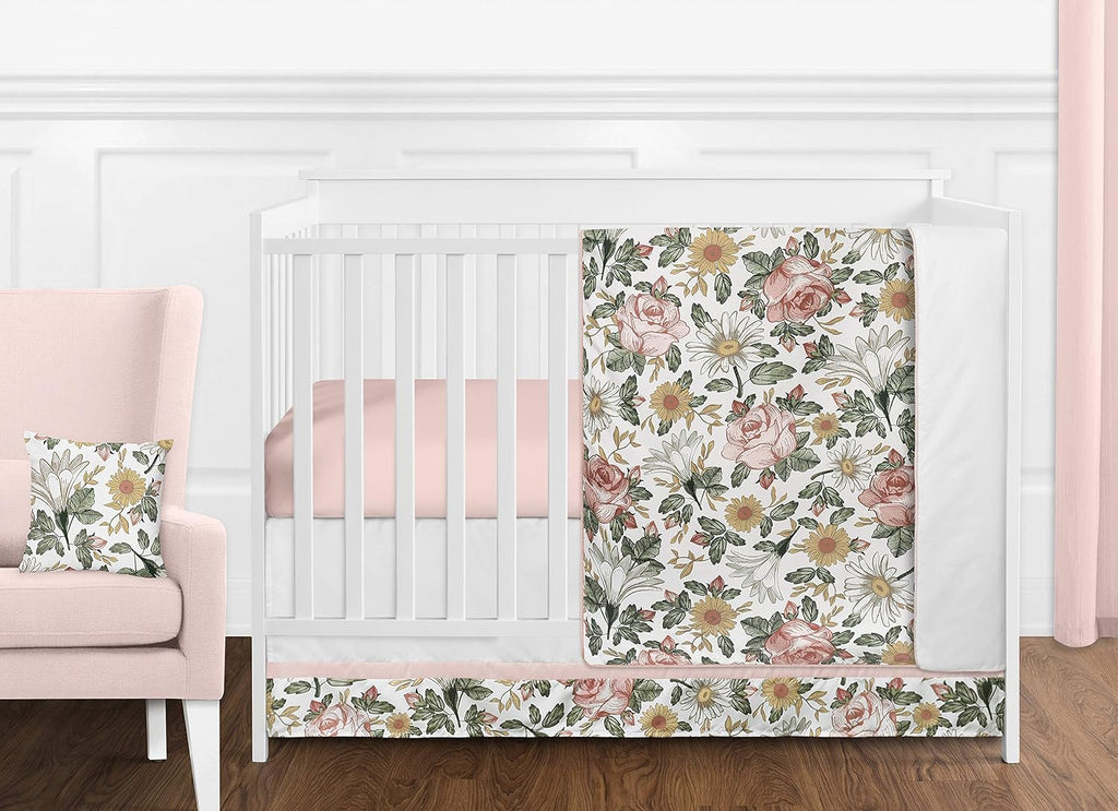 Sweet Jojo Designs Vintage Floral Boho Baby Girl Nursery Crib Bedding Set - 11 Pieces - Blush Pink, Yellow, Green and White Shabby Chic Rose Flower Farmhouse
