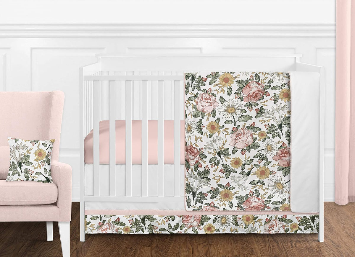 Sweet Jojo Designs Vintage Floral Boho Baby Girl Nursery Crib Bedding Set - 11 Pieces - Blush Pink, Yellow, Green and White Shabby Chic Rose Flower Farmhouse