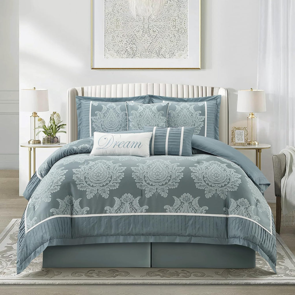 Grand Avenue Blue Damask Patchwork King Size Comforter Set, 7 Piece, Jacquard with Matching Solid Piecework Bedding Set, All Season, Bedskirt, Pillows & Shams