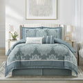 Grand Avenue Blue Damask Patchwork King Size Comforter Set, 7 Piece, Jacquard with Matching Solid Piecework Bedding Set, All Season, Bedskirt, Pillows & Shams