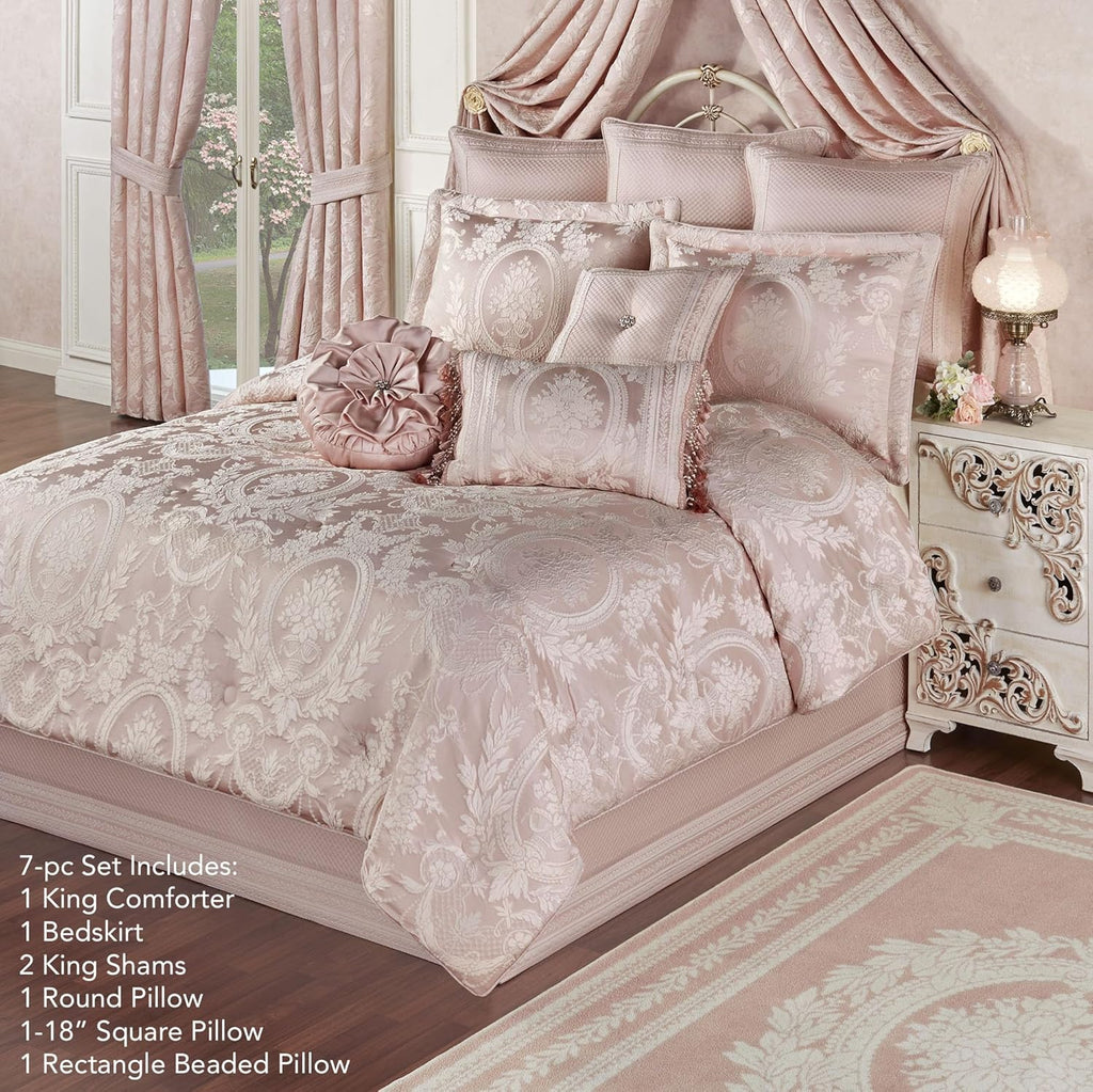 Marquessa Luxury Bedding | Soft Pearl and Pastel Blush Pink | Puff Jacquard-Woven Traditional Floral Bouquets | 7 Pc Bed Set: Oversized King Comforter, Bedskirt, 2 King Shams, and 3 Decorative Pillows