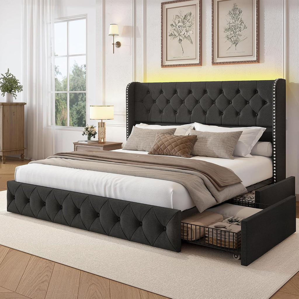 LARMACE King Size Bed Frame with LED Lights and 4 Storage Drawers Linen Upholstered Platform Bed Frame with 47.2' Tall Tufted Headboard Wingback, No Box Spring Needed, Easy to Assemble, Dark Grey