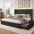 LARMACE King Size Bed Frame with LED Lights and 4 Storage Drawers Linen Upholstered Platform Bed Frame with 47.2' Tall Tufted Headboard Wingback, No Box Spring Needed, Easy to Assemble, Dark Grey