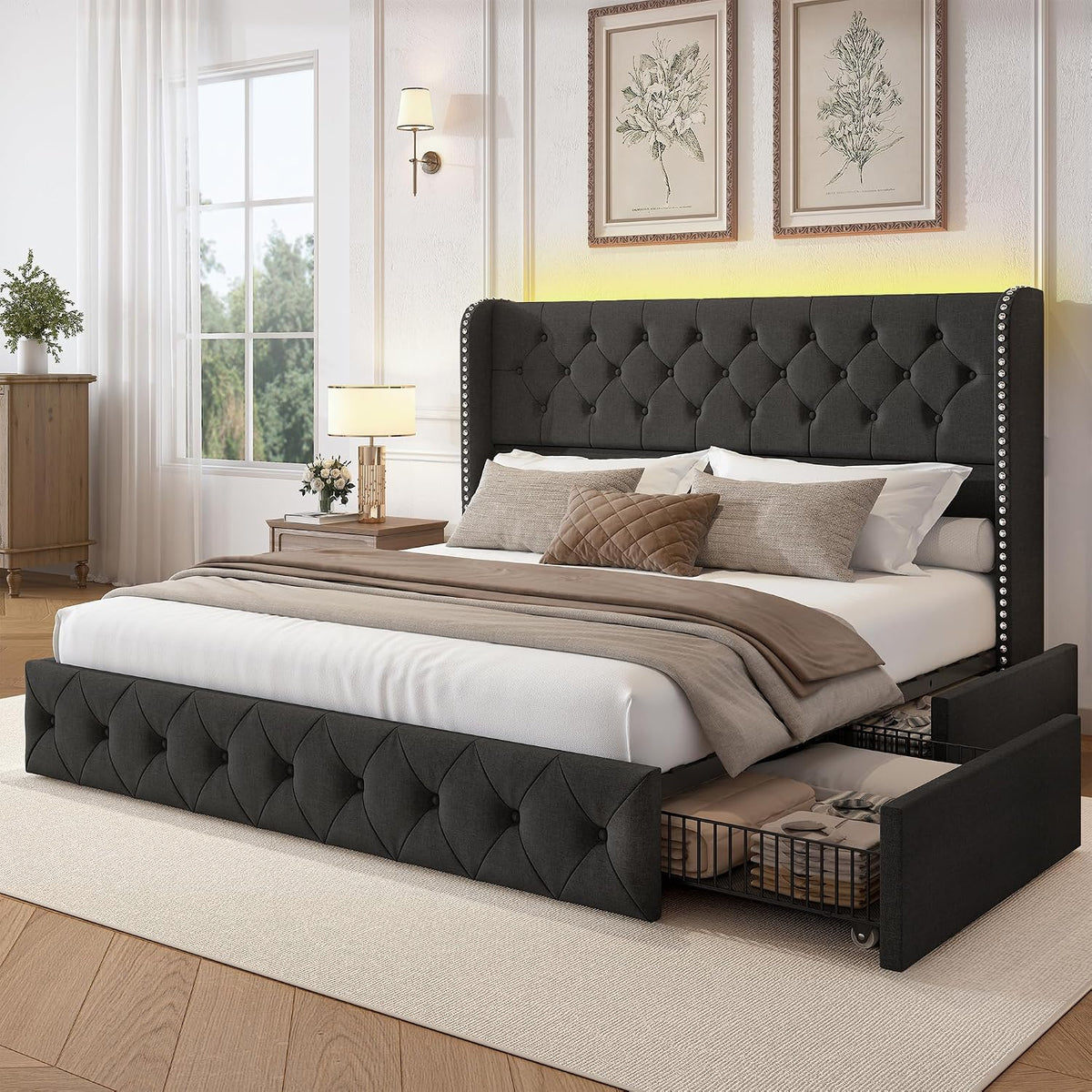 LARMACE King Size Bed Frame with LED Lights and 4 Storage Drawers Linen Upholstered Platform Bed Frame with 47.2' Tall Tufted Headboard Wingback, No Box Spring Needed, Easy to Assemble, Dark Grey