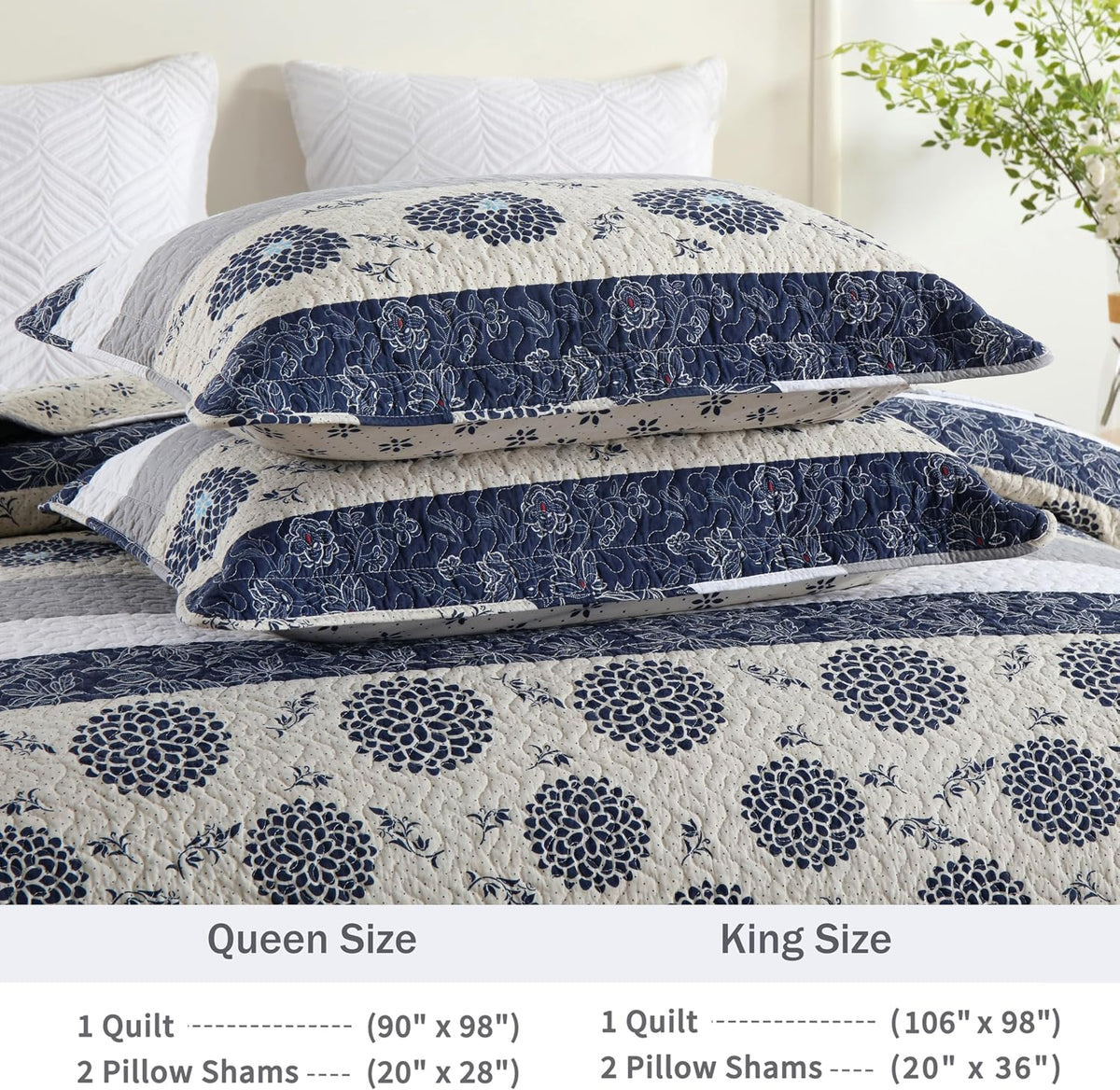 Homzard Quilt Queen Size - Queen Comforter Set,Navy Blue Beige Grey All Cotton Quilted Bedspread Set,Striped Floral Pattern Quilt,Lightweight Paisley 3 Piece Bedding,All Seasons