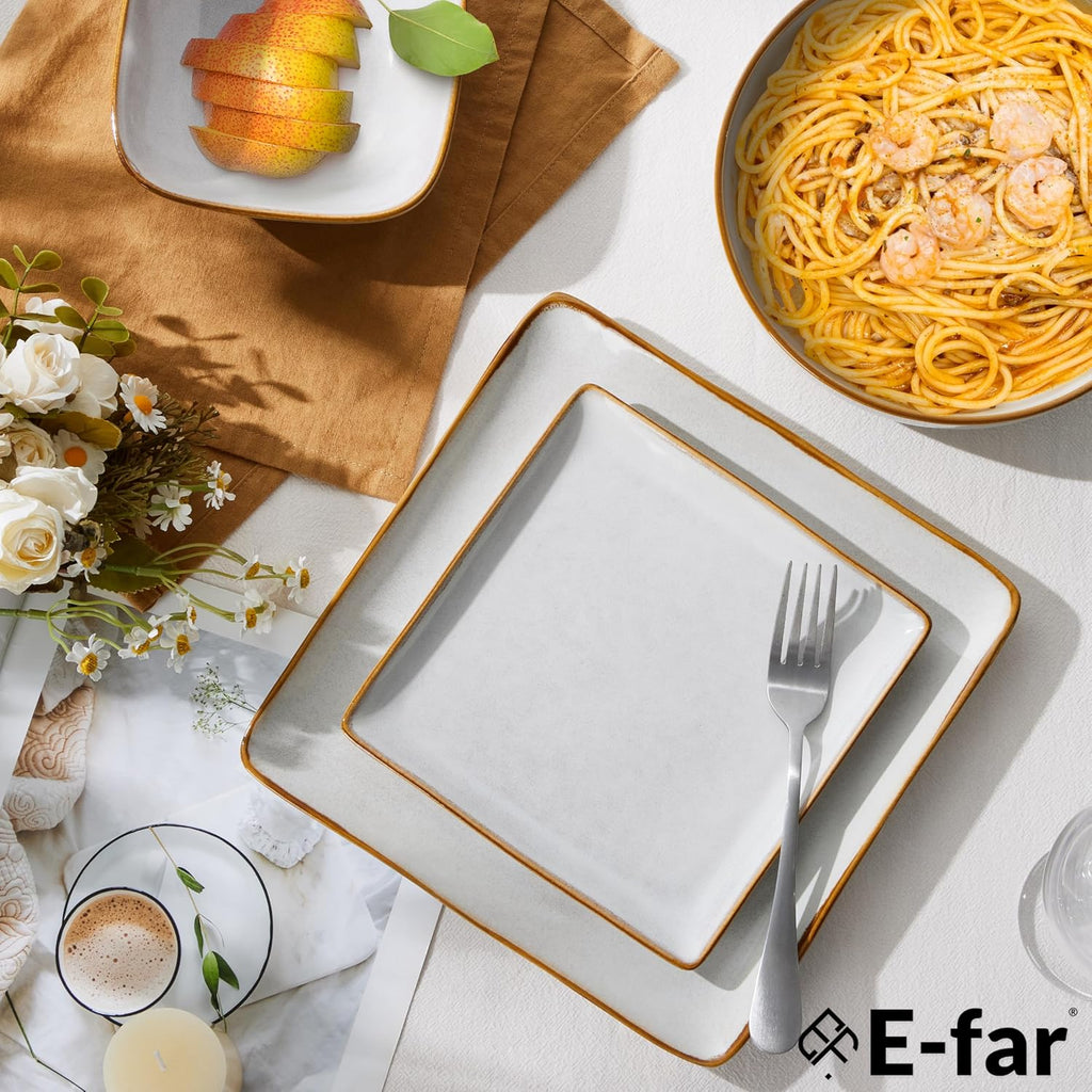E-far Square plates and bowls Sets for 6, 18-Piece Reactive Glaze Stoneware Dinnerware Sets, Porcelain Dishware Sets for Kitchen Home, Microwave & Dishwasher Safe, Seashell White