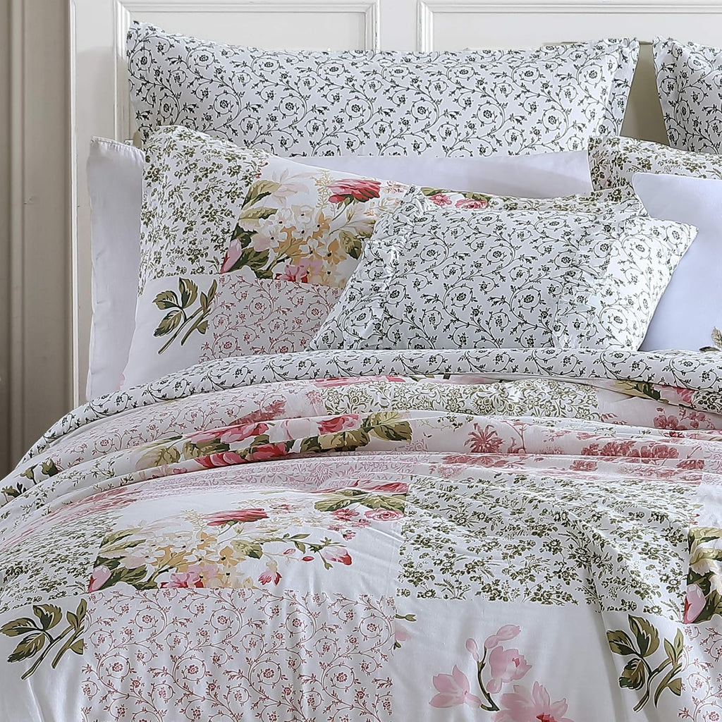 Laura Ashley - Queen Comforter Set, Reversible Cotton Bedding, Includes Matching Shams with Bonus Euro Shams & Throw Pillows (Ailyn Pink, Queen)