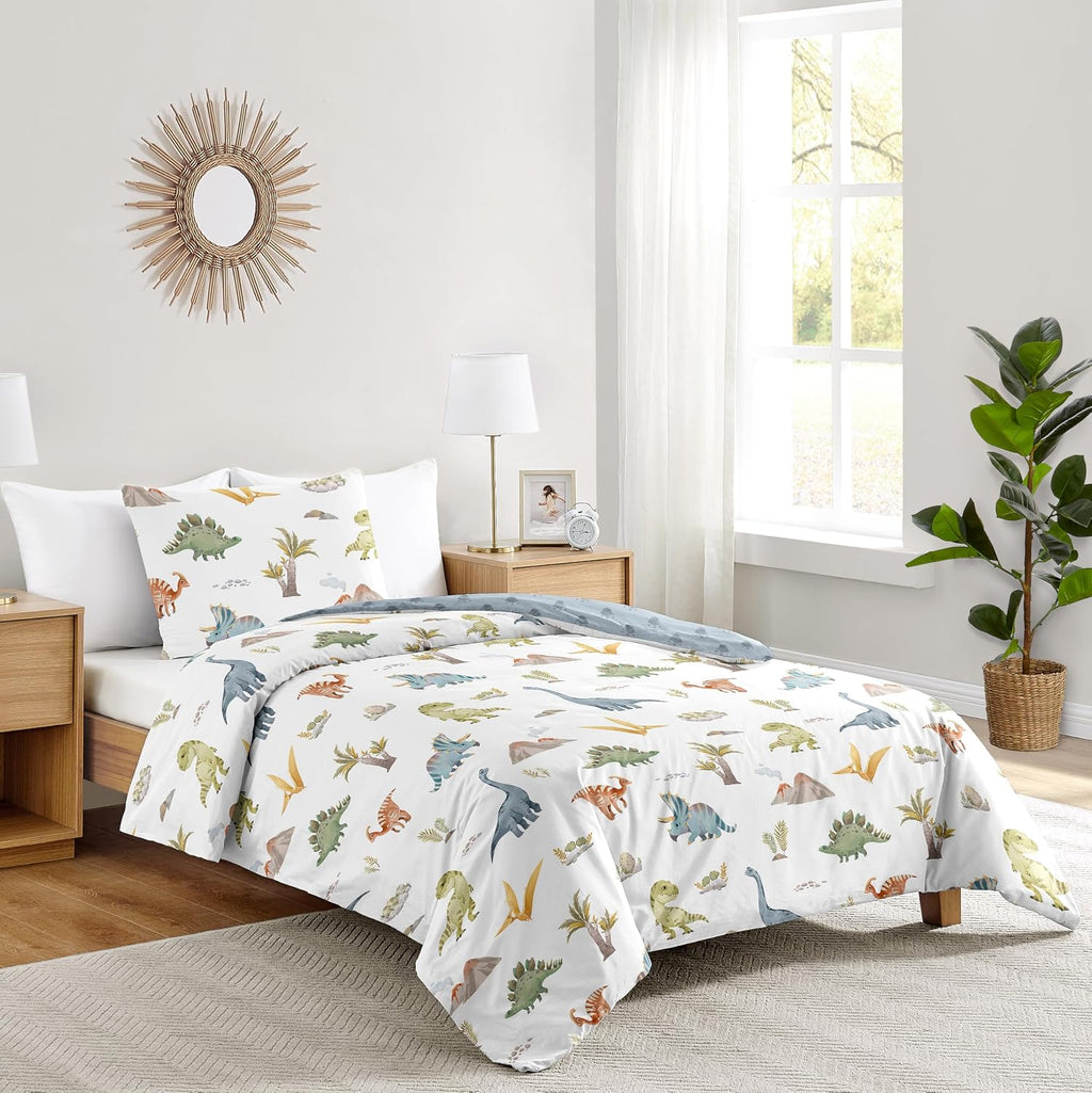 Sweet Jojo Designs 2-Piece Twin Comforter Set (Blue Dinosaur Dino) for Boys, Children, Kids Bedding, Bed in a Bag incl. Blanket & Pillow Sham (Modern, Jurassic, Watercolor, Animal Tracks, Footprint)
