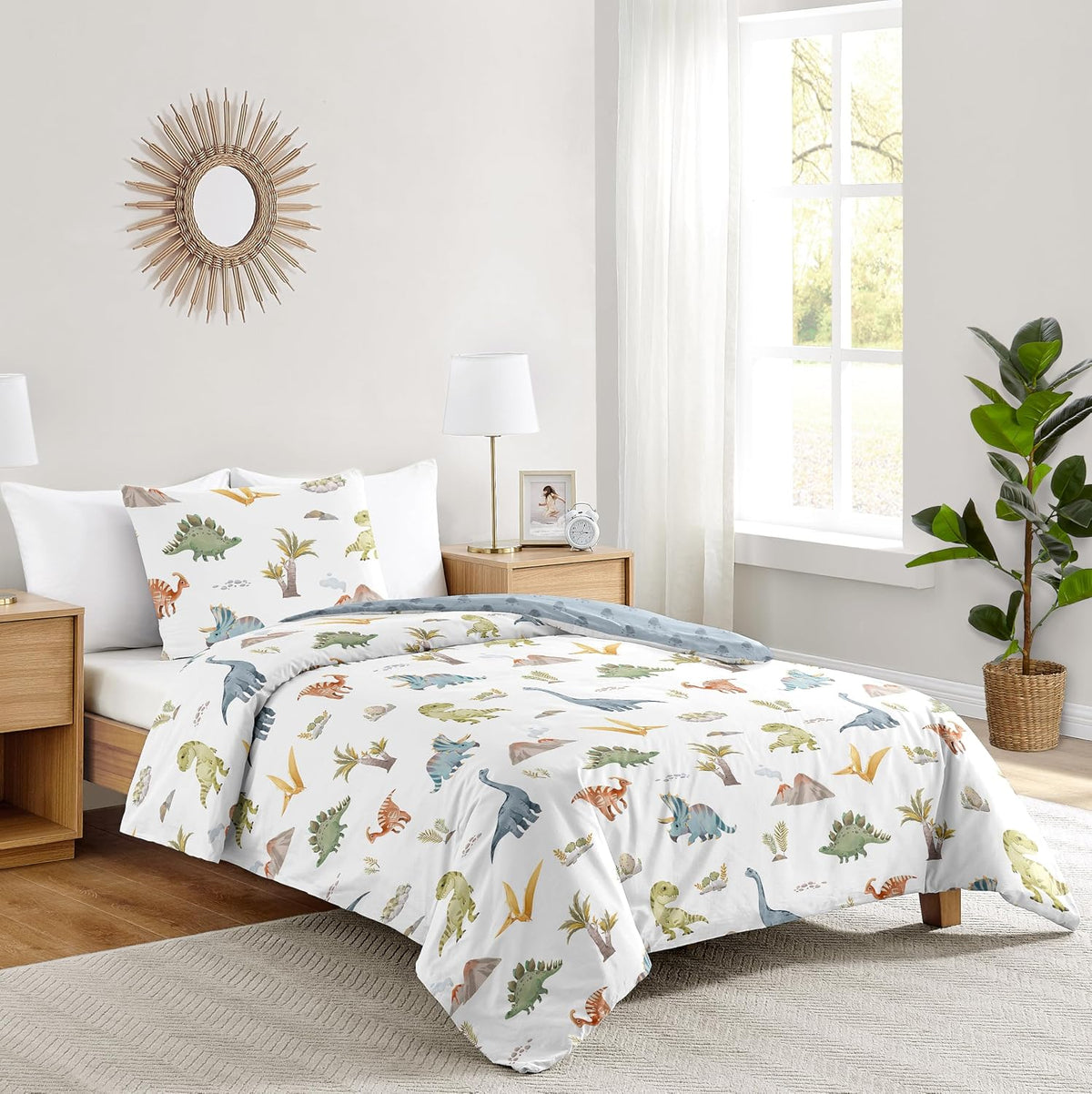Sweet Jojo Designs 2-Piece Twin Comforter Set (Blue Dinosaur Dino) for Boys, Children, Kids Bedding, Bed in a Bag incl. Blanket & Pillow Sham (Modern, Jurassic, Watercolor, Animal Tracks, Footprint)