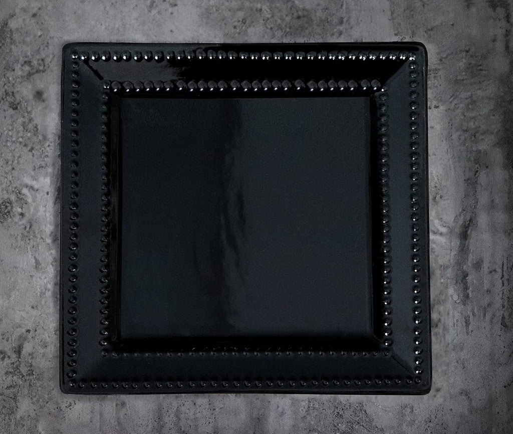 Stylish and Elegant 16 Piece Square Beaded Stoneware Dinnerware set Service for Hosting Parties and Events - Black, 16 Piece, Square Beaded