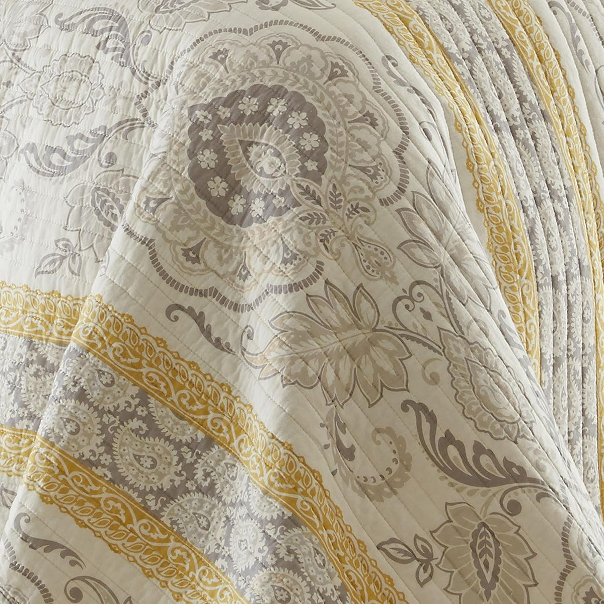 Levtex Home - St. Claire Quilt Set - King Quilt + Two King Pillow Shams - Suzani and Paisleys - Grey and Yellow - Quilt Size (106x92in.) and Pillow Sham Size (36x20in.) - Reversible