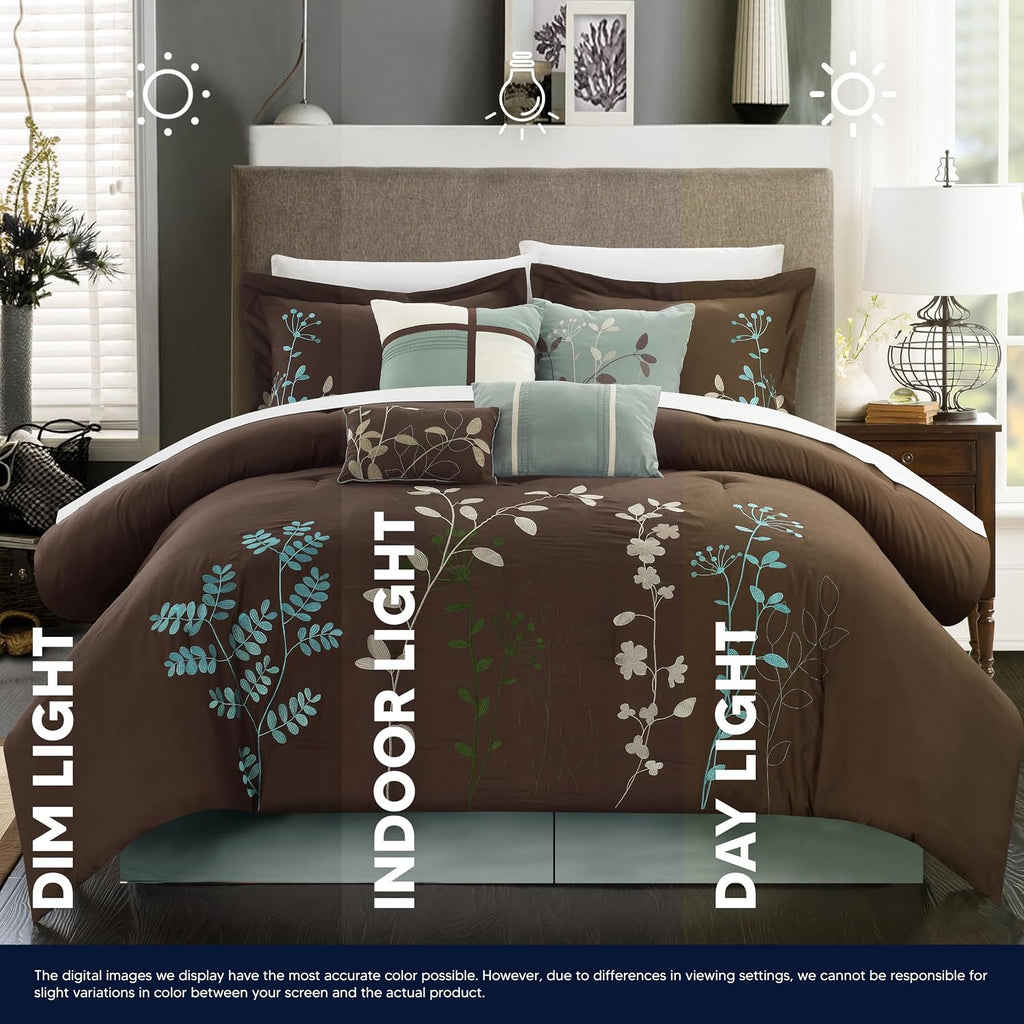 Chic Home Bliss Garden 8 Piece Embroidered Comforter Set, Queen, Brown