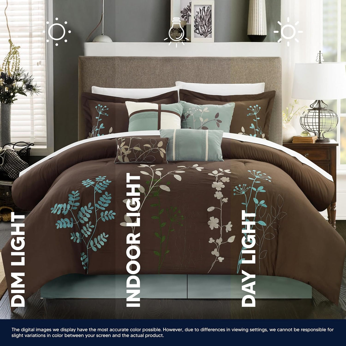 Chic Home Bliss Garden 8 Piece Embroidered Comforter Set, Queen, Brown