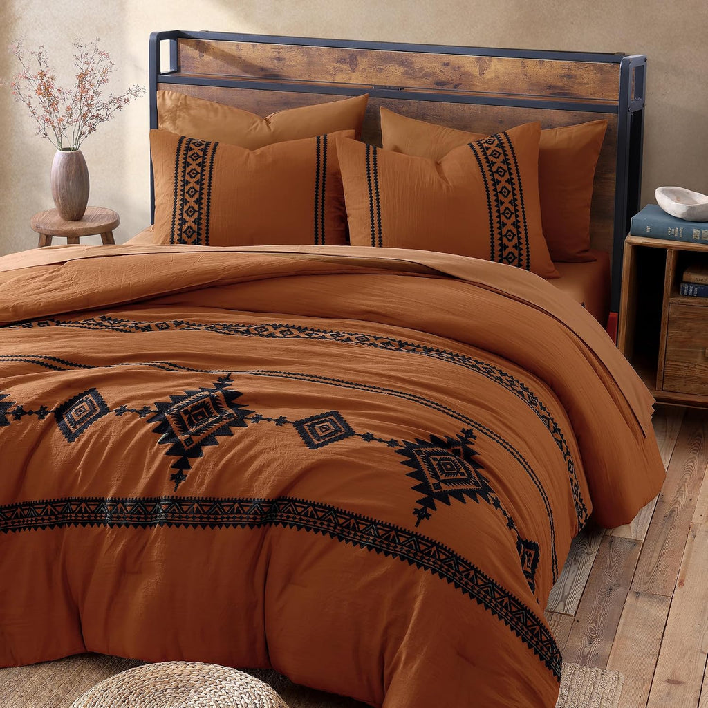 MaiRêve Embroidery Oversized King Size Comforter Set Burnt Orange, Boho Farmhouse Western Bedding Set 7 Pieces, All Season Bed in A Bag Comforter Set with Sheets, Pillowcases & Shams