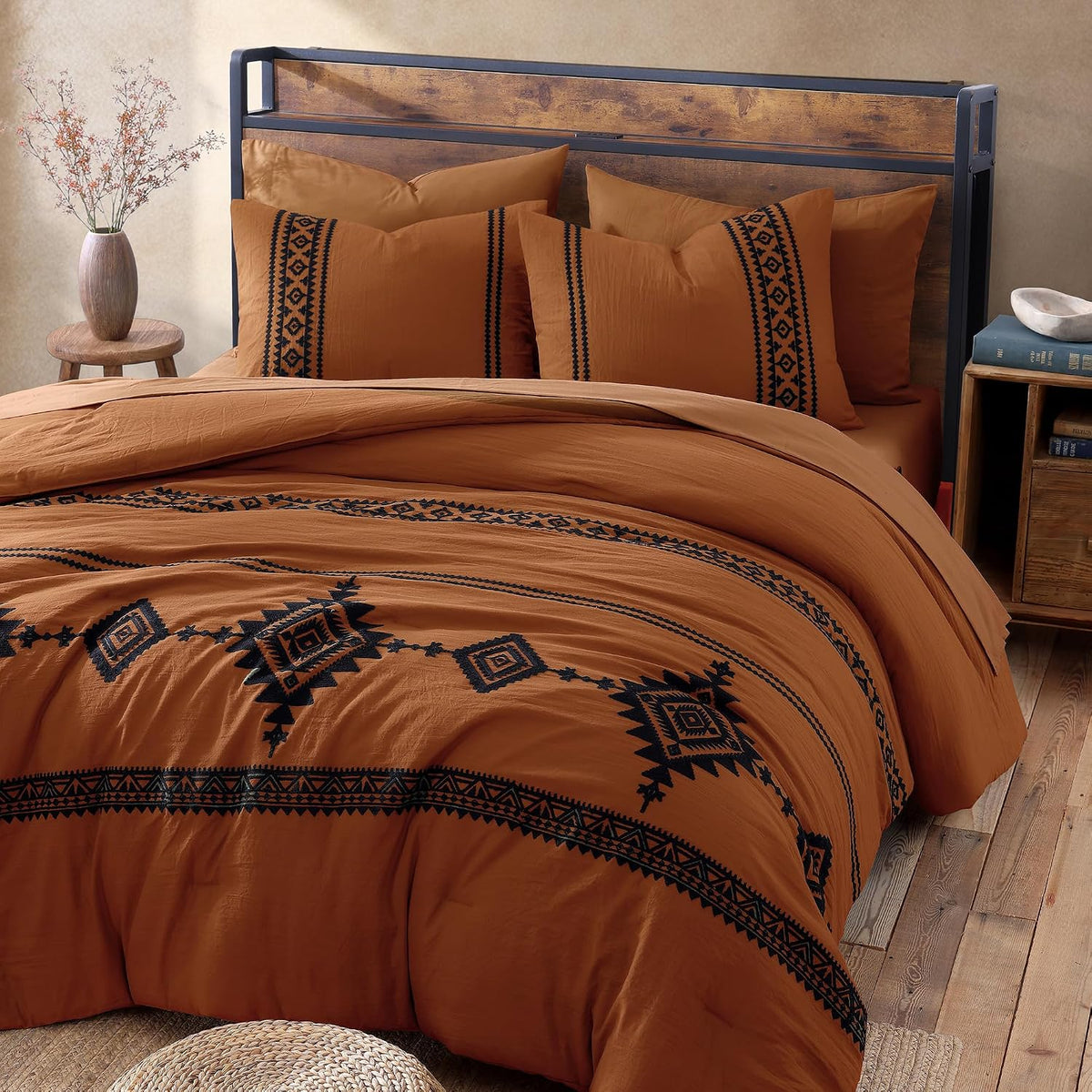 MaiRêve Embroidery Oversized King Size Comforter Set Burnt Orange, Boho Farmhouse Western Bedding Set 7 Pieces, All Season Bed in A Bag Comforter Set with Sheets, Pillowcases & Shams