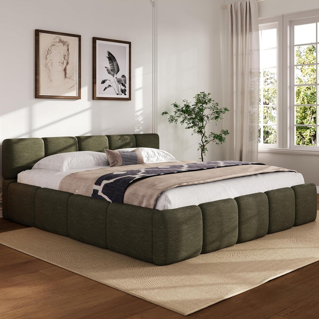 JIJIWANG California King Boucle Upholstered Platform Bed Frame, Linen Grounded Bed with Headboard and Footboard, Block Style Bed for Adults Kids Green