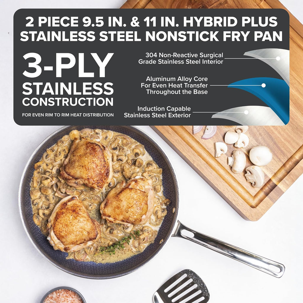 Viking 3-Ply Non Stick Frying Pans, 2-Piece Hybrid Plus Stainless Steel, 9.5 and 11 Inch, Silver
