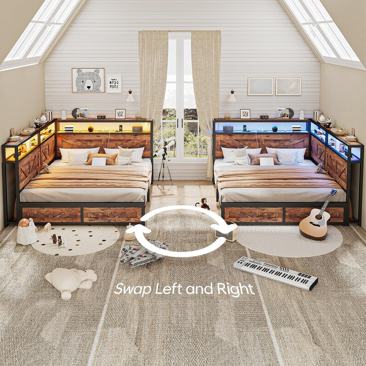 CIKUNASI Corner Full Size Bed Frame with Headboard and Storage Farmhouse Daybed Frame with LED Lights and Charging Station Metal Platform Bed Frame Full Size for Kids Corner Bed