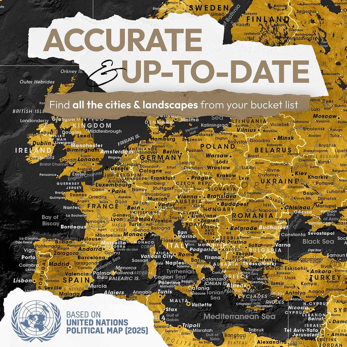 World map with pins to mark travels - World Map pinboards for globetrotters & and travel-themed interiors (32 x 24, Midnight Gold)