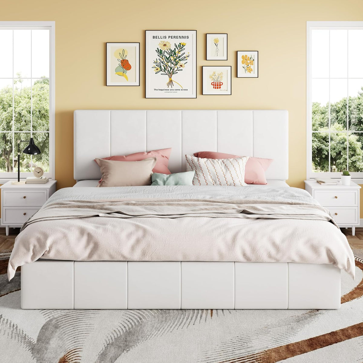 SHA CERLIN King Size Lift Up Storage Bed Frame, Adjustable Headboard, Hydraulic Support, Velvet Upholstered, Easy Installation, No Box Spring Needed, White