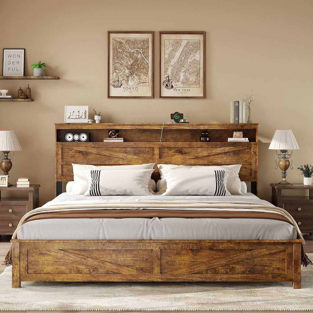 Farmhouse King Size Bed Frame with Headboard Storage Shelf, Wood Platform Bed Frame with LED Lights & Charging Station, Rustic Brown Metal Bed, No Box Spring Needed, Noise-Free Sturdy Structure