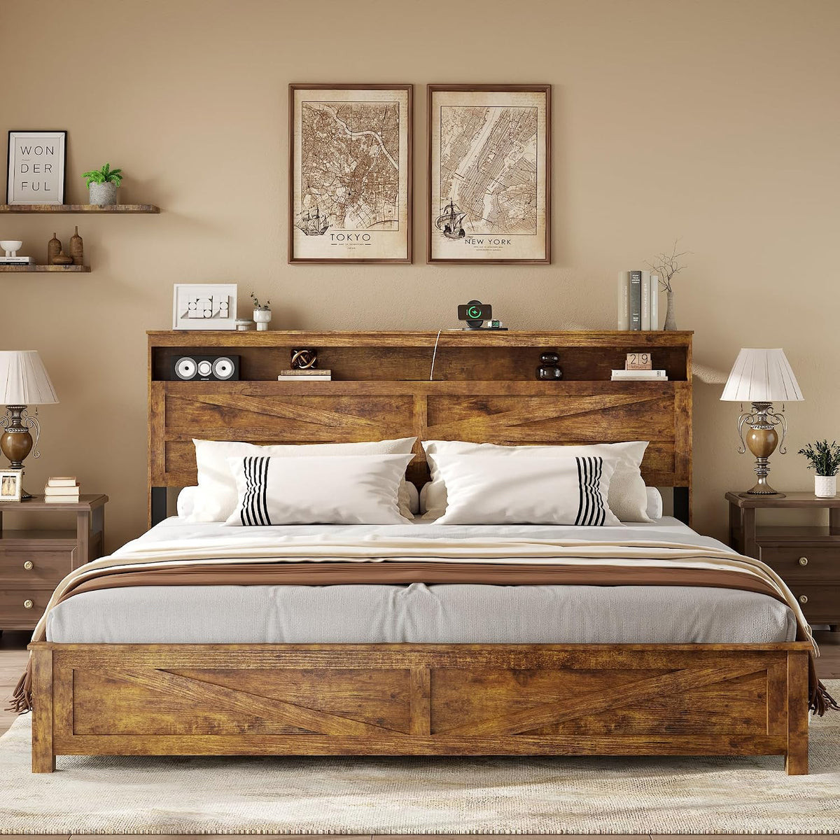Farmhouse King Size Bed Frame with Headboard Storage Shelf, Wood Platform Bed Frame with LED Lights & Charging Station, Rustic Brown Metal Bed, No Box Spring Needed, Noise-Free Sturdy Structure