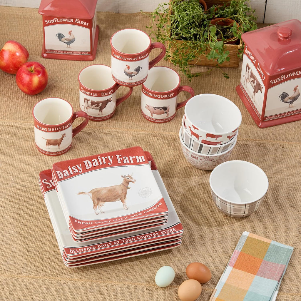 Vintage Farm 16-Piece Dinnerware Set, Includes 10.5-Inch Dinner Plates, 8.5-Inch Salad Plates, 16-Oz Mugs & 5.25-Inch Bowls, Farm Animal Design with Red Accents, Rustic & Dishwasher Safe