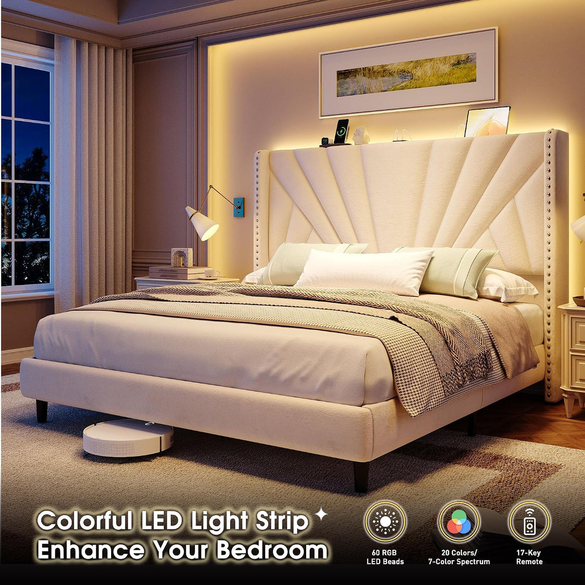 EnHomee Queen Bed Frame with 51' Tall Velvet Wingback Headboard, LED Lights, and Charging Station, Noise-Free Platform Bed with Spacious Underbed Space, Beige