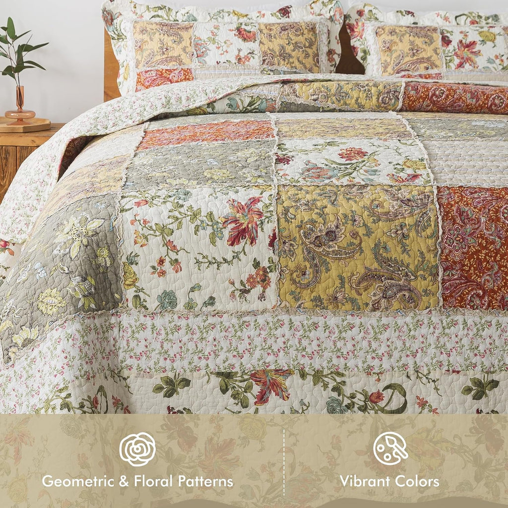 Etwel 100% Cotton Patchwork King Size Quilt Set - Lightweight Breathable Reversible Bedspread for Hot Sleepers, Farmhouse Floral Bedding Set with 2 Pillow Shams for All Season (106'x94', Beige Floral)