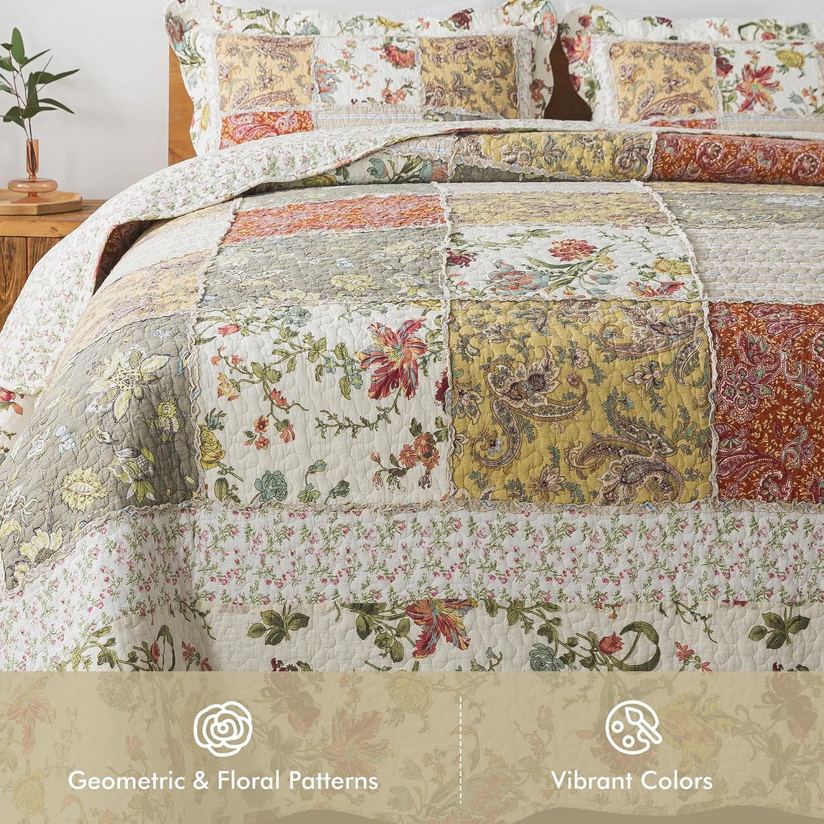Etwel 100% Cotton Patchwork King Size Quilt Set - Lightweight Breathable Reversible Bedspread for Hot Sleepers, Farmhouse Floral Bedding Set with 2 Pillow Shams for All Season (106'x94', Beige Floral)