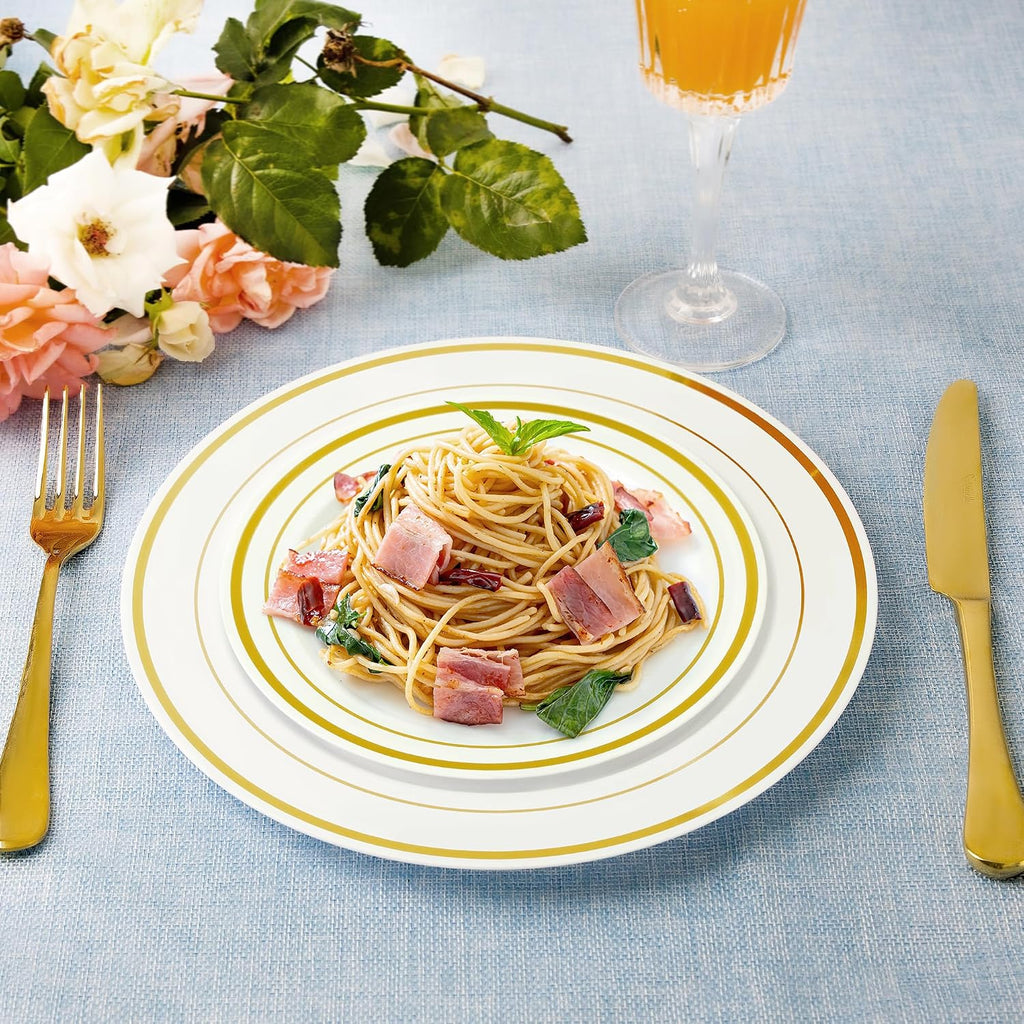 SETUP Case of 300 White Gold Rimmed Plastic Plates - Premium Heavy-Duty Disposable Plates for Wedding and Party, 150 10.25' Dinner and 150 7.5' Salad Plates