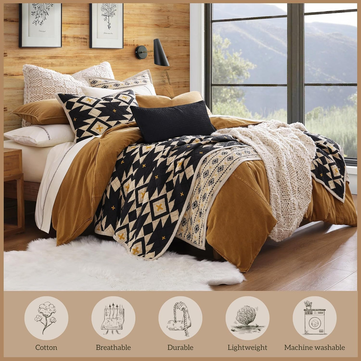 Paseo Road High Desert Twin Quilt Set, 2 Piece Rustic Western Bedding Set with Pillow Shams, Lightweight Reversible Cotton Quilt with Southwestern Aztec Pattern, Soft Breathable Cozy Boho Bedding