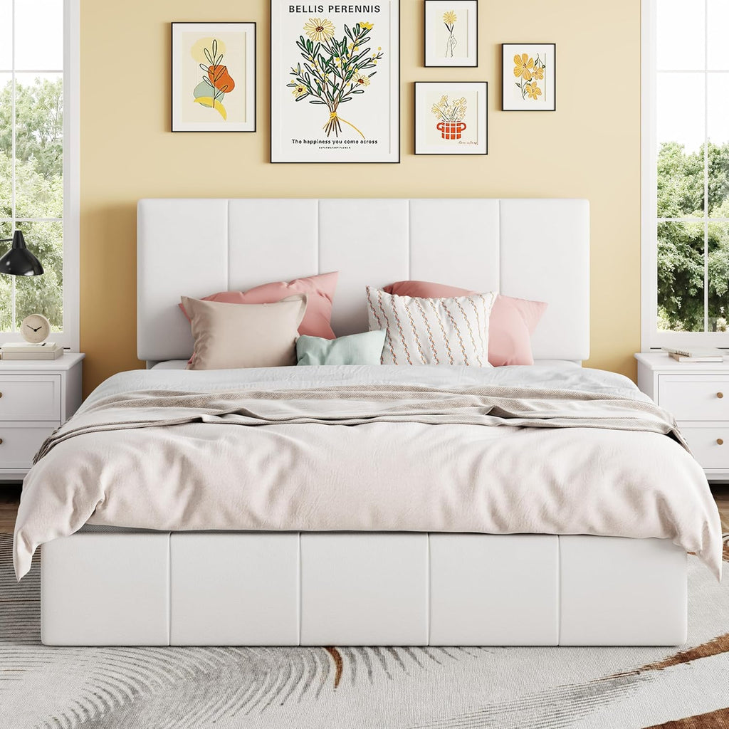 SHA CERLIN Full Size Lift Up Storage Bed Frame, Adjustable Headboard, Hydraulic Support, Velvet Upholstered, Easy Installation, No Box Spring Needed, White