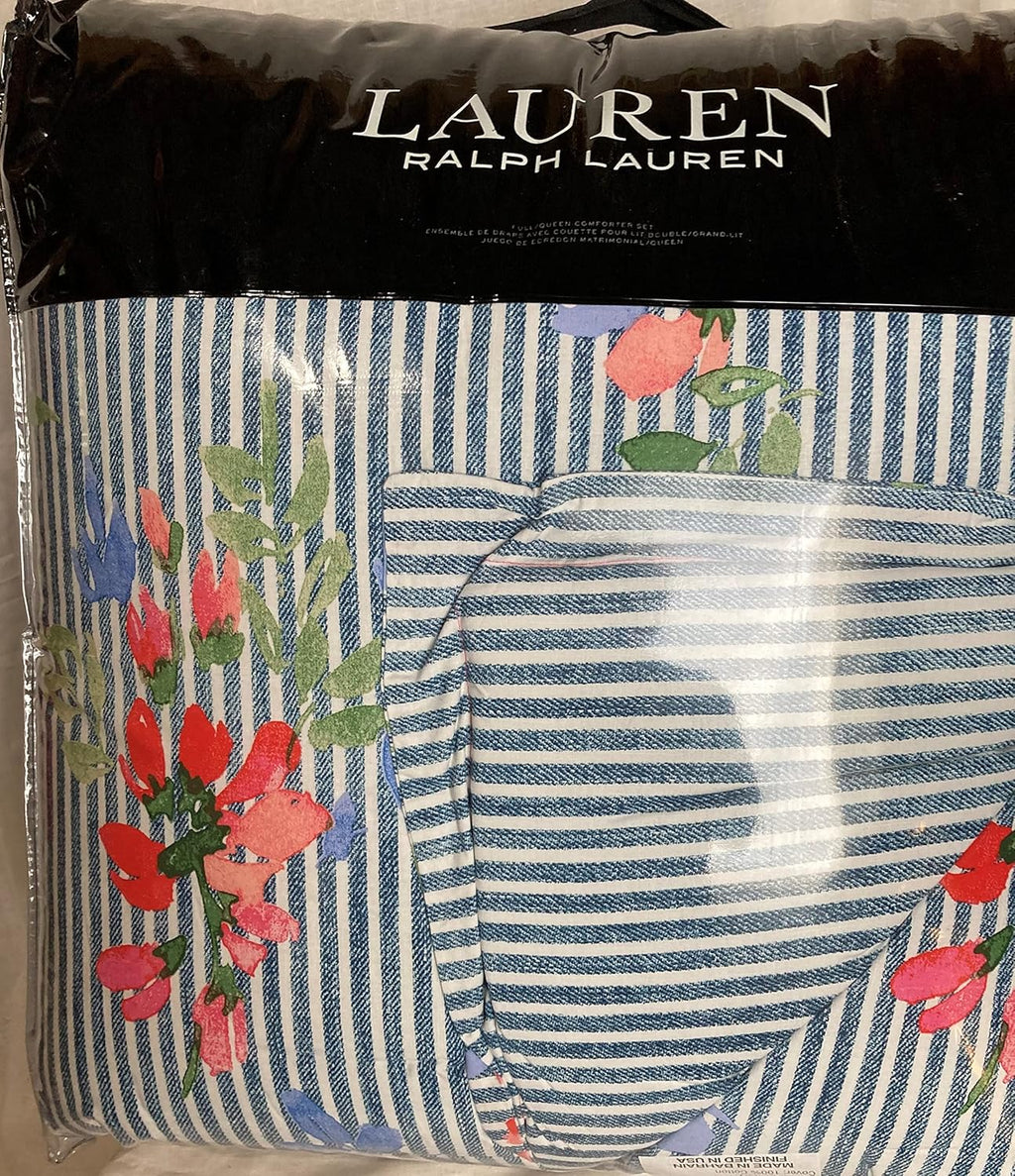 Lauren Ralph Lauren Maggie Floral Stripe Full Queen 3 pc Comforter Set Shams Blue Pink White