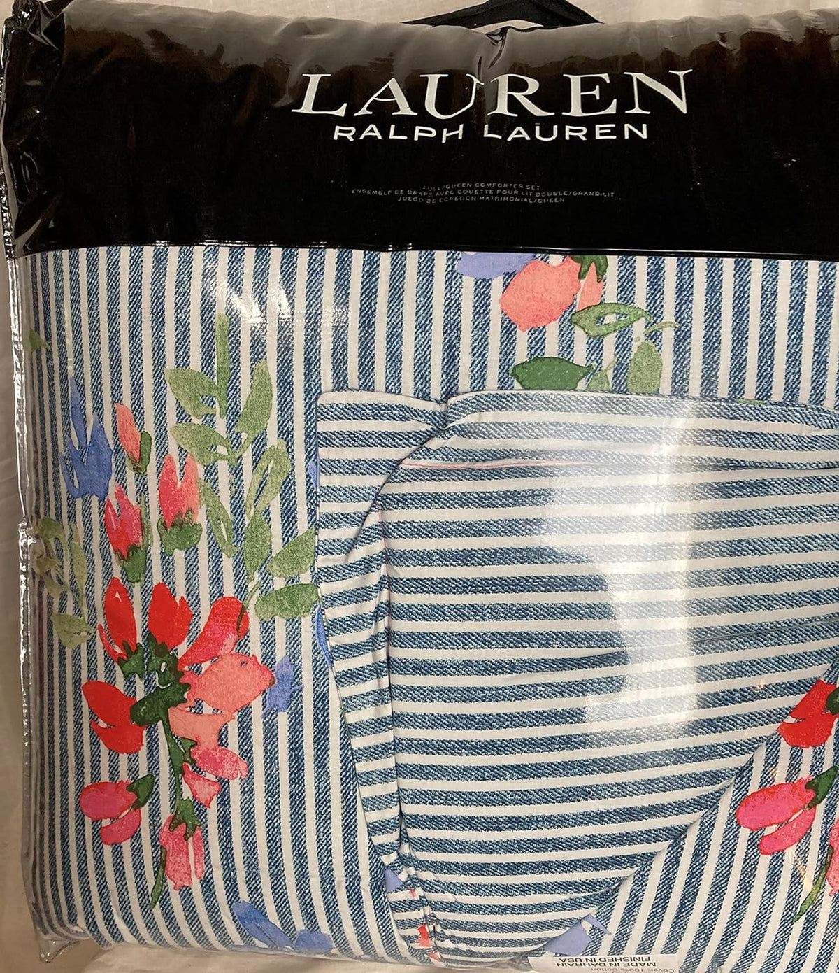 Lauren Ralph Lauren Maggie Floral Stripe Full Queen 3 pc Comforter Set Shams Blue Pink White