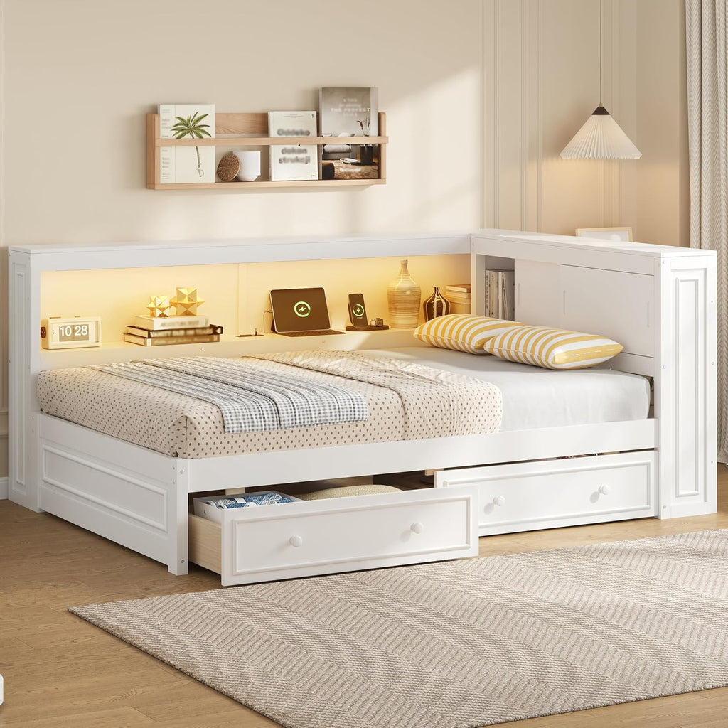 SOFTSEA Full Size Corner Bed with Drawers & Bookcase, L-Shaped Daybed with LED Lights & USB Ports, Wood Reversible Day Bed Frame with Storage Headboard for Kids Teens Bedroom, White