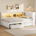 SOFTSEA Full Size Corner Bed with Drawers & Bookcase, L-Shaped Daybed with LED Lights & USB Ports, Wood Reversible Day Bed Frame with Storage Headboard for Kids Teens Bedroom, White