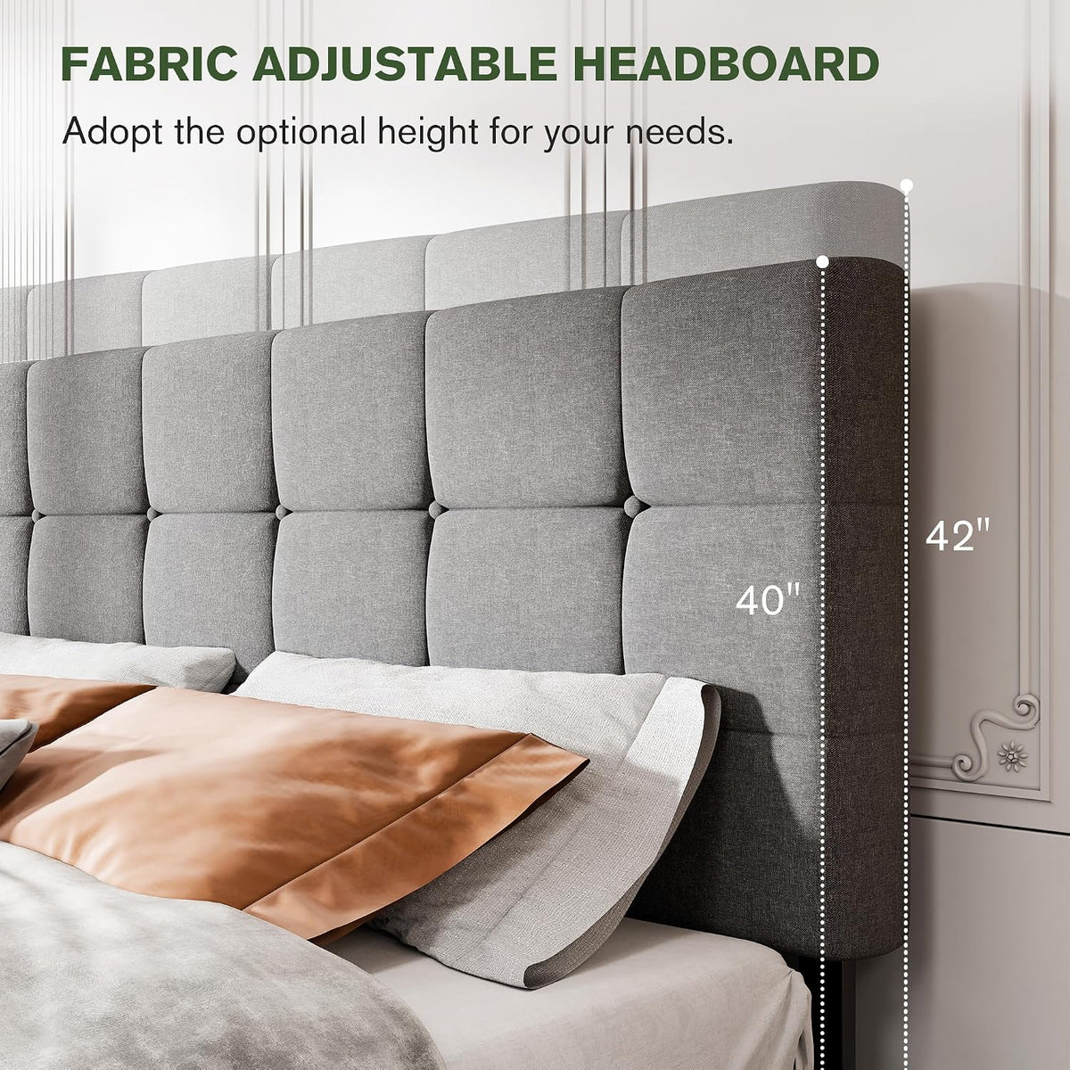 MUTICOR Queen Size Bed Frame with 4 Storage Drawers, Upholstered Platform Bed with Button Tufted Adjustable Headboard, No Box Spring Needed, Easy Assembly, Square Tufted, Light Grey Fabric