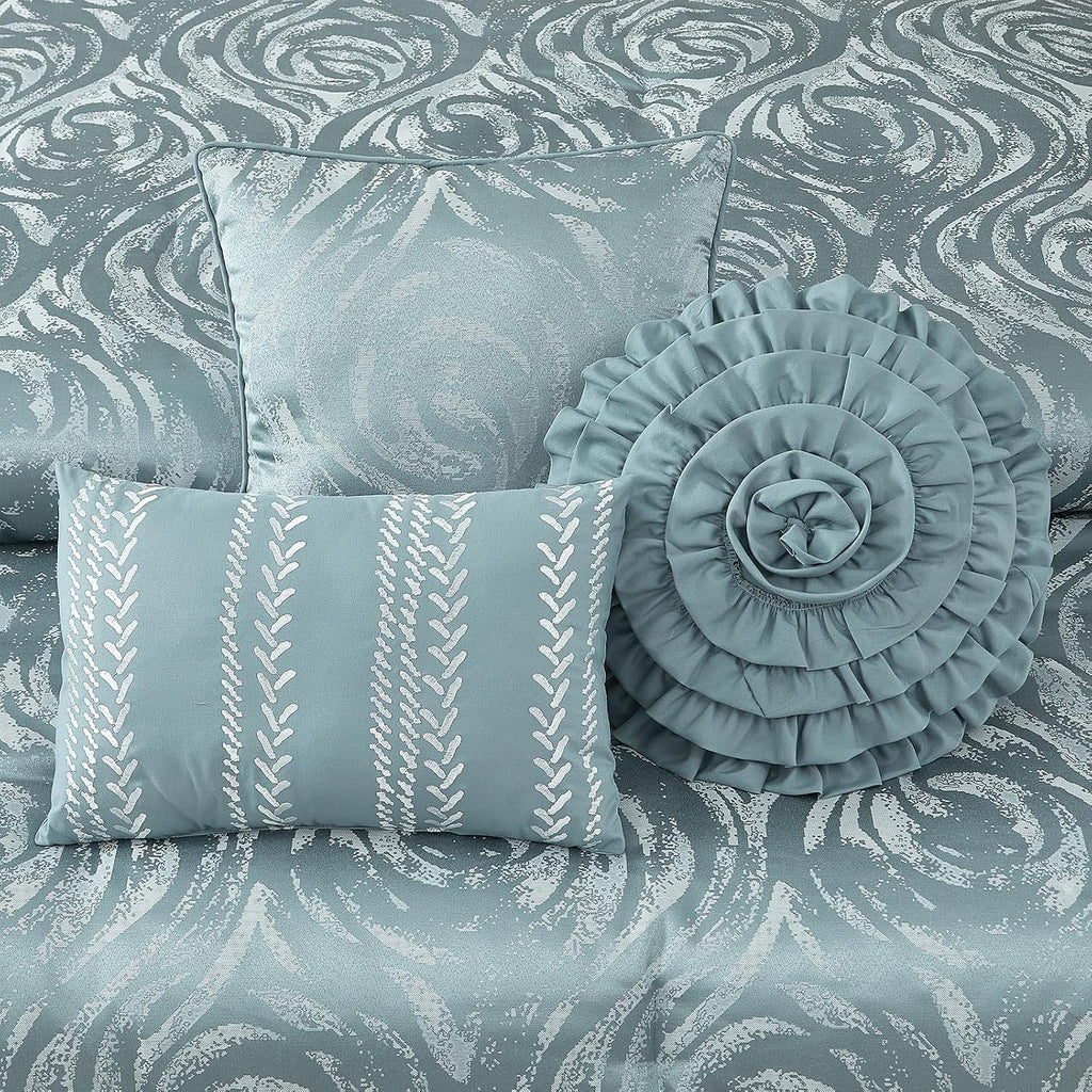 LANCO MODERN LIFESTYLE Blue 7 Piece Comforter Set, Queen, Elegant Floral Jacquard, Ultra Soft Bed Set for All Seasons, Bed in a Bag, Include Comforter, Bed Skirt, Pillow Shams & Decor Pillows