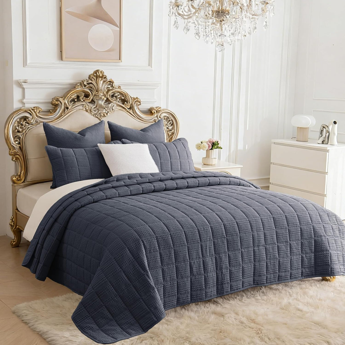 120x128 Cotton Quilt Bedding Set Oversized King Size Quilted Bedspread Sets with 2 Shams,3 Pieces Lightweight Soft Bedding Sets for All Season,Gray Blue