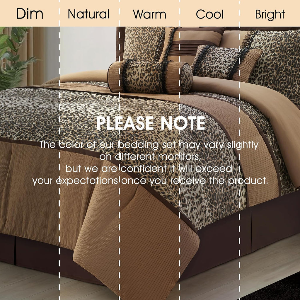 LANCO MODERN LIFESTYLE 7 Piece Full Comforter Set, Brown Leopard Print, Jacquard with Solid Microfiber, All Season Elegant Bedding Set, Include Comforter, Bedskirt, Pillow Shams and Decor Pillows